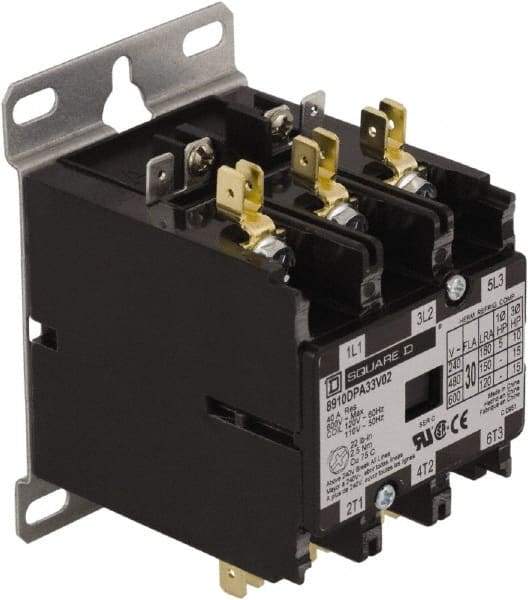 Square D - 3 Pole, 30 Amp Inductive Load, 24 Coil VAC at 50/60 Hz, Definite Purpose Contactor - Phase 1 and Phase 3 Hp:  10 at 230 VAC, 15 at 460 VAC, 2 at 115 VAC, 20 at 575 VAC, 5 at 230 VAC, 40 Amp Resistive Rating, CE, CSA, UL Listed - Industrial Tool & Supply