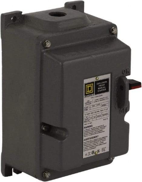 Square D - 3 Poles, 27 Amp, M-1 NEMA, Enclosed Pushbutton Manual Motor Starter - 10 hp at 380 to 575 VAC & 7-1/2 hp at 200 to 230 VAC, CSA, NEMA 7/9 & UL Listed - Industrial Tool & Supply