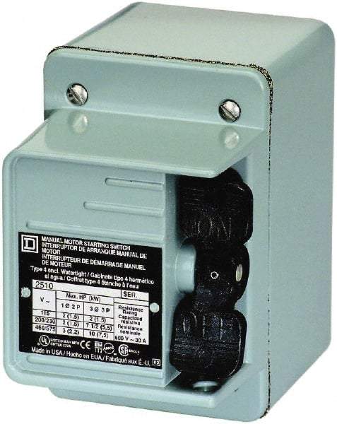 Square D - 2 Poles, 30 Amp, NEMA, Enclosed Toggle Manual Motor Starter - 1 hp at 90 VDC, 1-1/2 hp at 230 VDC, 2 hp at 115 VAC, 2 hp at 115 VDC, 2 hp at 230 VAC, 3 hp at 460 VAC & 3 hp at 575 VAC, CE, CSA, NEMA 4 & UL Listed - Industrial Tool & Supply