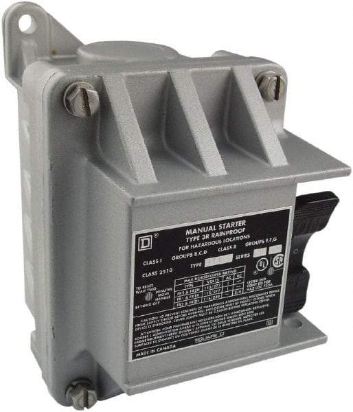 Square D - 3 Poles, 30 Amp, NEMA, Enclosed Toggle Manual Motor Starter - 1 hp at 90 VDC, 10 hp at 460 VAC, 10 hp at 575 VAC, 1-1/2 hp at 230 VDC, 2 hp at 115 VAC, 2 hp at 115 VDC & 7-1/2 hp at 230 VAC, CE, CSA, NEMA 3R/7/9 & UL Listed - Industrial Tool & Supply