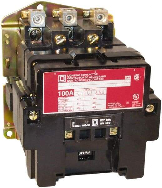 Square D - No Enclosure, 3 Pole, Electrically Held Lighting Contactor - 30 A (Tungsten), 110 VAC at 50 Hz, 120 VAC at 60 Hz - Industrial Tool & Supply