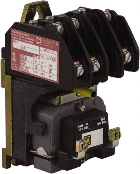 Square D - No Enclosure, 3 Pole, Electrically Held Lighting Contactor - 20 A (Tungsten), 30 A (Fluorescent), 277 VAC at 60 Hz, 3NO Contact Configuration - Industrial Tool & Supply