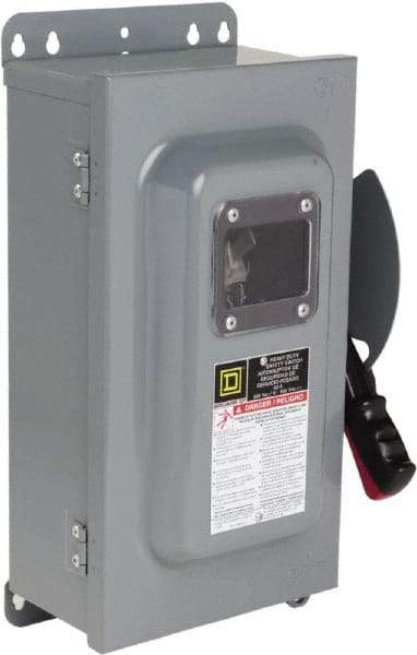 Square D - 60 Amp, 600 VAC, 600 VDC, 3 Pole Fused Safety Switch - NEMA 12 & 3R, 20 hp at 480 VDC (Single Phase), 50 hp at 600 VAC, 30 hp at 600 VDC (Triple Phase) - Industrial Tool & Supply