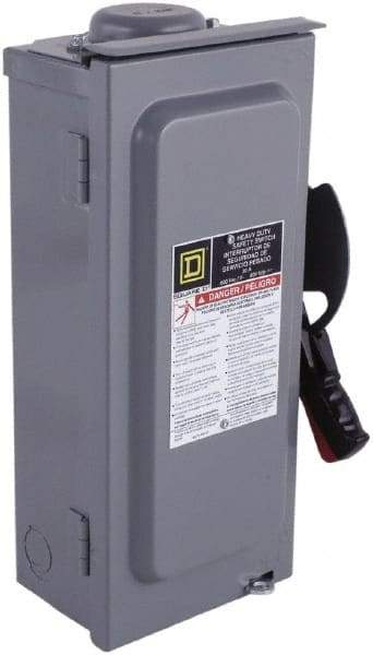 Square D - 100 Amp, 600 VAC/VDC, 3 Pole Fused Safety Switch - NEMA 3R, 30 hp at 480 VAC (Single Phase), 75 hp at 600 VAC, 50 hp at 600 VDC (Triple Phase), 3PST Contact Form - Industrial Tool & Supply