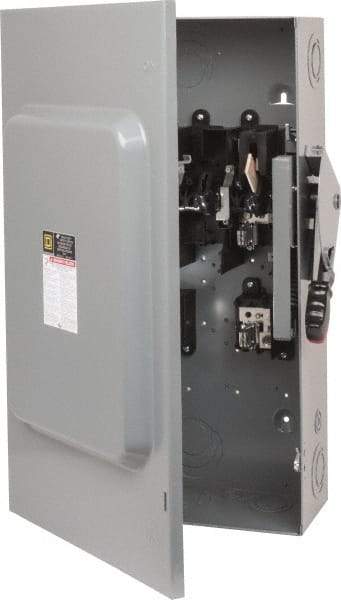 Square D - 200 Amp, 240 VAC, 250 VDC, 2 Pole Fused Safety Switch - NEMA 1, 15 hp at 240 VAC (Single Phase), 60 hp at 240 VAC, 40 hp at 250 VDC (Triple Phase), DPST Contact Form - Industrial Tool & Supply