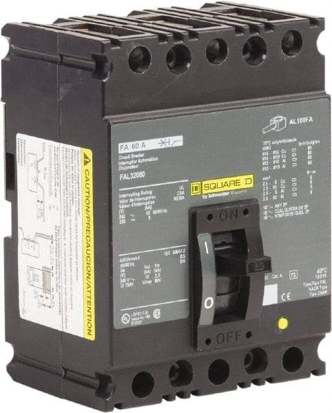 Square D - 60 Amp, 240 VAC, 3 Pole, Panel Mount Molded Case Circuit Breaker - Thermal Magnetic Trip, Multiple Breaking Capacity Ratings, 12-1/0 (Aluminum), 14-1/0 (Copper) AWG, 4.13 Inch Deep x 6 Inch High x 4-1/2 Inch Long - Industrial Tool & Supply