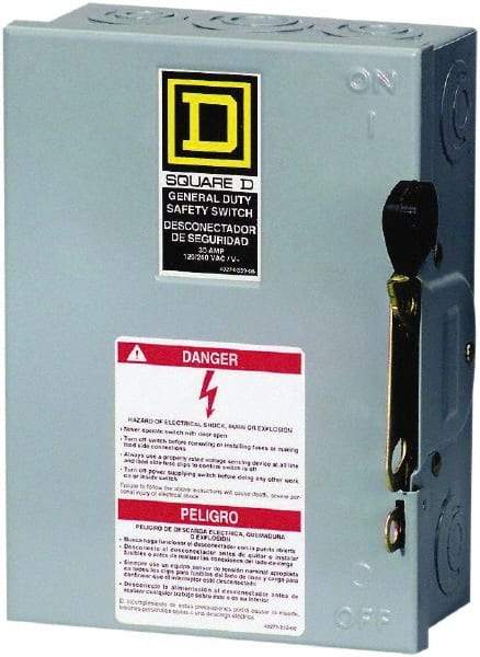 Square D - 30 Amp, 240 V, 2 Pole Fused Safety Switch - NEMA 1, 3 hp at 240 VAC (Single Phase), 7.5 hp at 240 VAC (Triple Phase), DPST Contact Form - Industrial Tool & Supply