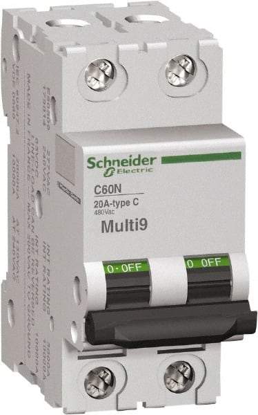 Schneider Electric - 1 Amp, 2 Pole, DIN Rail Mount Standard Circuit Breaker - Multiple Breaking Capacity Ratings, 14-4 (Copper) AWG, 3 Inch Deep x 3.19 Inch High x 1.42 Inch Wide - Industrial Tool & Supply