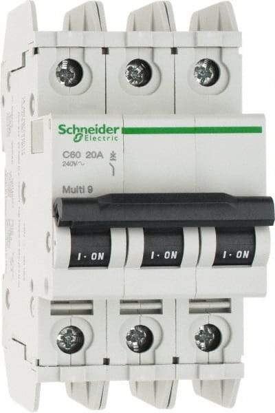 Schneider Electric - 20 Amp, 125 VDC, 240 VAC, 60 VDC, 3 Pole, DIN Rail Mount, Fixed Mount Miniature Circuit Breaker - Thermal Magnetic Trip, Multiple Breaking Capacity Ratings, 73mm Deep x 107mm High x 54mm Wide - Industrial Tool & Supply