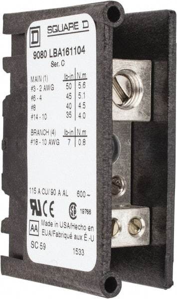 Square D - 1 Pole, 115 (Copper), 90 (Aluminium) Amp, Thermoplastic Power Distribution Block - 600 VAC, 1 Primary Connection - Industrial Tool & Supply