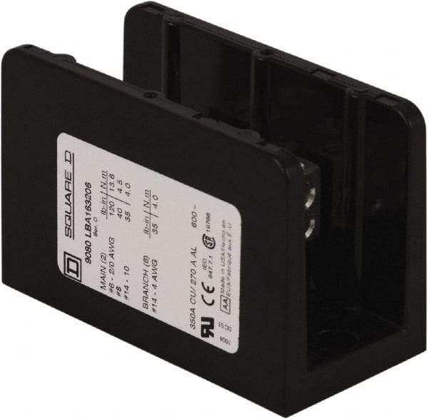 Square D - 1 Pole, 270 (Aluminium), 350 (Copper) Amp, Phenolic Power Distribution Block - 600 VAC, 2 Primary Connection - Industrial Tool & Supply