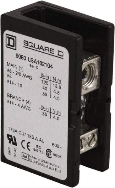 Square D - 1 Pole, 270 (Aluminium), 335 (Copper) Amp, Phenolic Power Distribution Block - 600 VAC, 1 Primary Connection - Industrial Tool & Supply