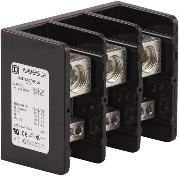 Square D - 3 Poles, 380 (Copper) Amp, Phenolic Power Distribution Block - 600 VAC, 1 Primary Connection - Industrial Tool & Supply