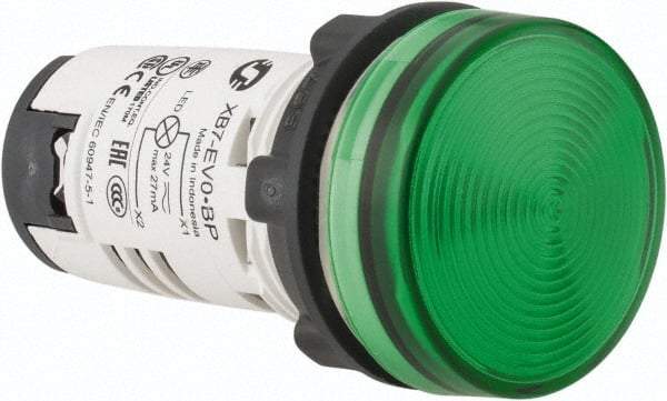 Schneider Electric - 24 V Green Lens LED Pilot Light - Round Lens, Screw Clamp Connector, 29mm Wide - Industrial Tool & Supply