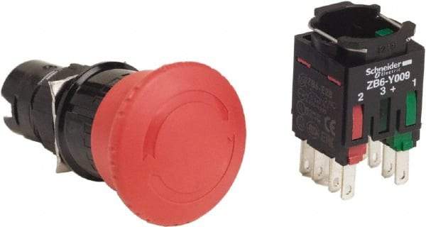 Schneider Electric - 16mm Mount Hole, Extended Mushroom Head, Pushbutton Switch with Contact Block - Round, Red Pushbutton, Maintained (MA), Momentary (MO) - Industrial Tool & Supply