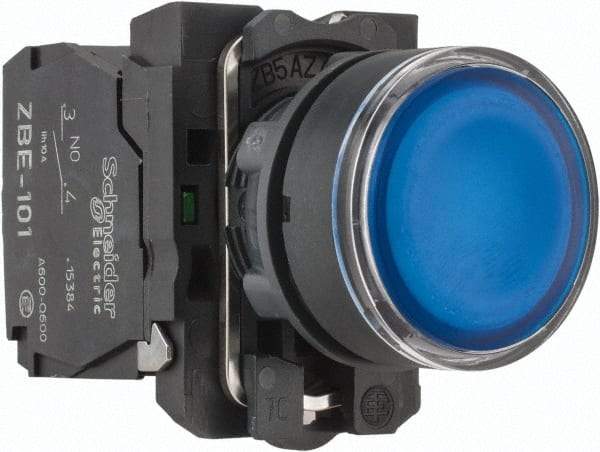 Schneider Electric - 22mm Mount Hole, Flush, Pushbutton Switch with Contact Block - Round, Blue Pushbutton, Illuminated, Momentary (MO) - Industrial Tool & Supply