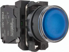 Schneider Electric - 22mm Mount Hole, Flush, Pushbutton Switch with Contact Block - Round, Blue Pushbutton, Illuminated, Momentary (MO) - Industrial Tool & Supply