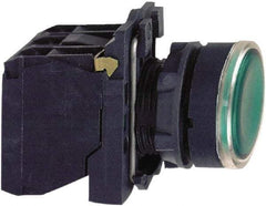Schneider Electric - 22mm Mount Hole, Flush, Pushbutton Switch with Contact Block - Round, Green Pushbutton, Illuminated, Momentary (MO) - Industrial Tool & Supply