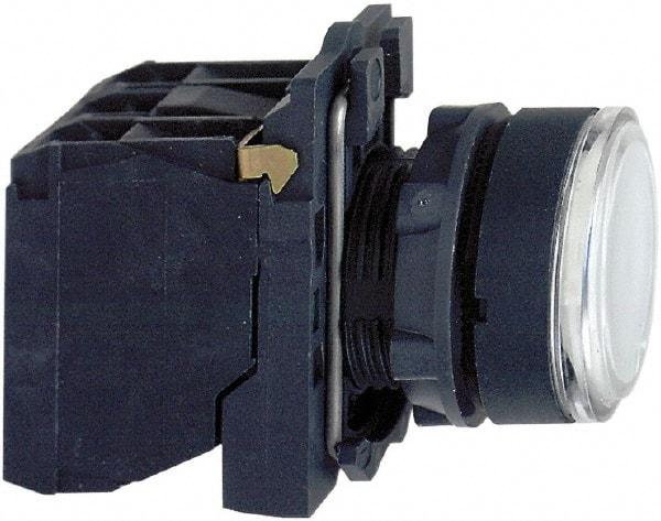 Schneider Electric - 22mm Mount Hole, Flush, Pushbutton Switch with Contact Block - Round, White Pushbutton, Illuminated, Momentary (MO) - Industrial Tool & Supply