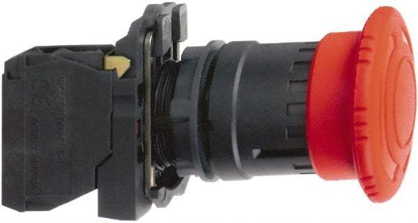 Schneider Electric - 22mm Mount Hole, Extended Mushroom Head, Pushbutton Switch with Contact Block - Round, Red Pushbutton, Maintained (MA), Momentary (MO) - Industrial Tool & Supply
