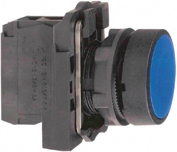 Schneider Electric - 22mm Mount Hole, Flush, Pushbutton Switch with Contact Block - Round, Blue Pushbutton, Momentary (MO) - Industrial Tool & Supply