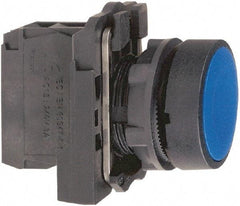 Schneider Electric - 22mm Mount Hole, Flush, Pushbutton Switch with Contact Block - Round, Blue Pushbutton, Momentary (MO) - Industrial Tool & Supply