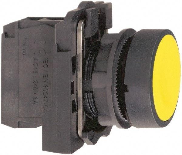 Schneider Electric - 22mm Mount Hole, Flush, Pushbutton Switch with Contact Block - Round, Yellow Pushbutton, Momentary (MO) - Industrial Tool & Supply