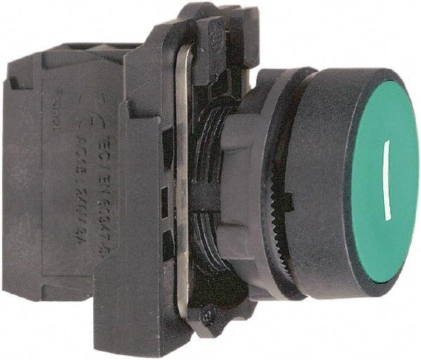 Schneider Electric - 22mm Mount Hole, Flush, Pushbutton Switch with Contact Block - Round, Green Pushbutton, Momentary (MO) - Industrial Tool & Supply