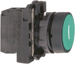 Schneider Electric - 22mm Mount Hole, Flush, Pushbutton Switch with Contact Block - Round, Green Pushbutton, Momentary (MO) - Industrial Tool & Supply