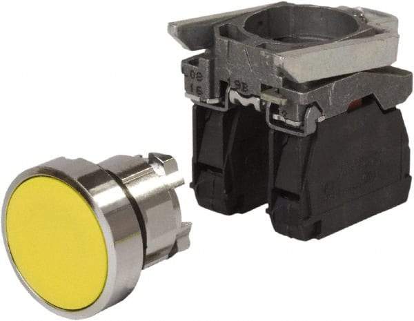 Schneider Electric - 0.87 Inch Mount Hole, Pushbutton Switch with Contact Block - Round, Yellow Pushbutton, Nonilluminated, Momentary (MO), Anticorrosive, Dust Resistant and Vaportight - Industrial Tool & Supply