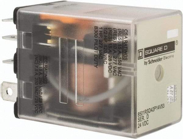 Square D - Electromechanical Plug-in General Purpose Relay - 10 Amp at 240 VAC, DPDT, 24 VDC - Industrial Tool & Supply