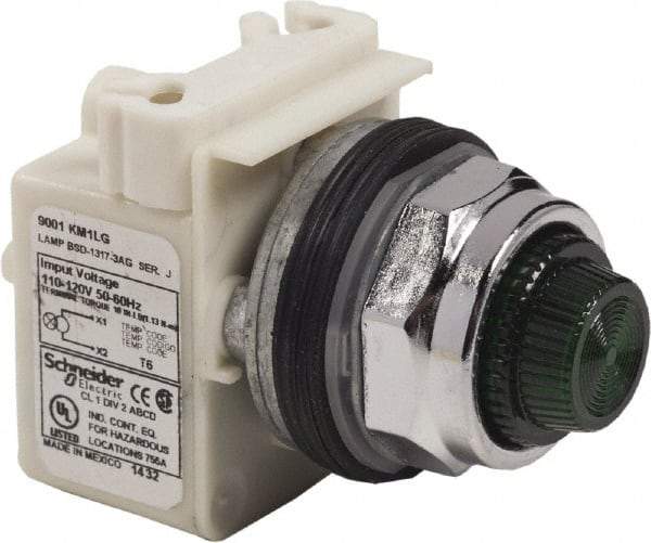 Schneider Electric - 120 VAC Green Lens LED Pilot Light - Round Lens, Screw Clamp Connector - Industrial Tool & Supply