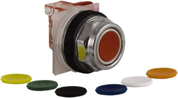 Schneider Electric - 30mm Mount Hole, Extended Straight, Pushbutton Switch with Contact Block - Multicolored Pushbutton, Momentary (MO) - Industrial Tool & Supply