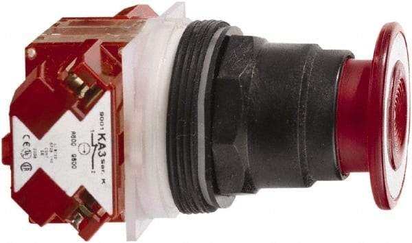 Schneider Electric - 30mm Mount Hole, Extended Mushroom Head, Pushbutton Switch with Contact Block - Round, Red Pushbutton, Maintained (MA) - Industrial Tool & Supply