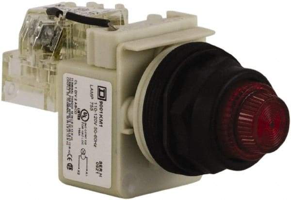 Schneider Electric - 110 VAC at 50/60 Hz via Transformer, 120 VAC at 50/60 Hz via Transformer Red Lens Press-to-Test Indicating Light - Round Lens, Screw Clamp Connector, Corrosion Resistant, Dust Resistant, Oil Resistant - Industrial Tool & Supply
