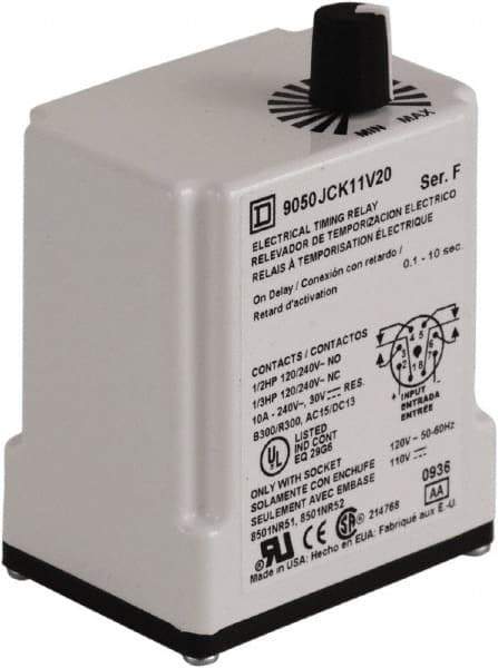 Square D - DPDT Time Delay Relay - 10 Contact Amp, 110 VDC & 120 VAC - Industrial Tool & Supply