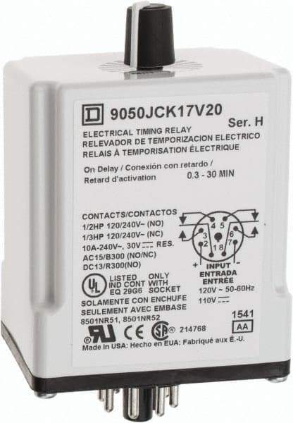Square D - 0.3 to 30 min Delay, DPDT Time Delay Relay - 10 Contact Amp, 110 VDC & 120 VAC - Industrial Tool & Supply
