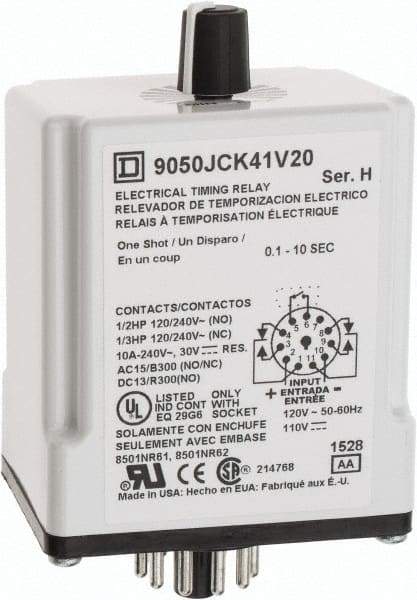 Square D - DPDT Time Delay Relay - 10 Contact Amp, 110 VDC & 120 VAC - Industrial Tool & Supply