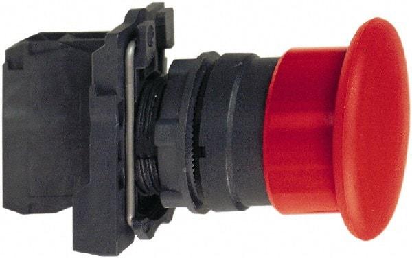 Schneider Electric - 22mm Mount Hole, Extended Mushroom Head, Pushbutton Switch with Contact Block - Round, Black Pushbutton, Momentary (MO) - Industrial Tool & Supply