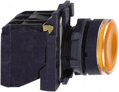 Schneider Electric - 22mm Mount Hole, Flush, Pushbutton Switch with Contact Block - Round, Orange Pushbutton, Illuminated, Momentary (MO) - Industrial Tool & Supply