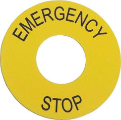 Schneider Electric - Round, PVC Legend Plate - Emergency Stop - Yellow Background, 60mm Hole Diameter - Industrial Tool & Supply