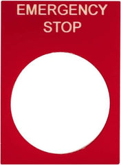 Schneider Electric - Rectangular, PVC Legend Plate - Emergency Stop - Red Background, White Letters, 22mm Hole Diameter, 30mm Wide x 40mm High - Industrial Tool & Supply