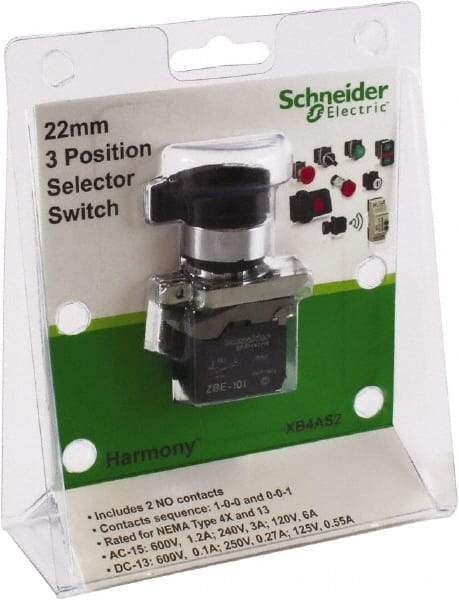 Schneider Electric - 22mm Mount Hole, 3 Position, Lever Operated, Selector Switch with Contact Blocks - Black, Maintained (MA), Nonilluminated, 1 Contact Block, 2NO - Industrial Tool & Supply