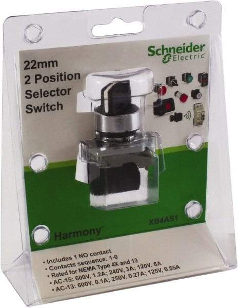 Schneider Electric - 22mm Mount Hole, 2 Position, Lever Operated, Selector Switch with Contact Blocks - Black, Maintained (MA), Nonilluminated, 1 Contact Block - Industrial Tool & Supply