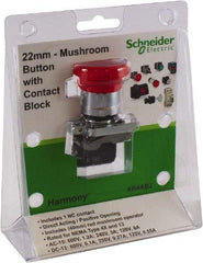 Schneider Electric - 22mm Mount Hole, Extended Mushroom Head, Pushbutton Switch with Contact Block - Round, Red Pushbutton, Nonilluminated - Industrial Tool & Supply