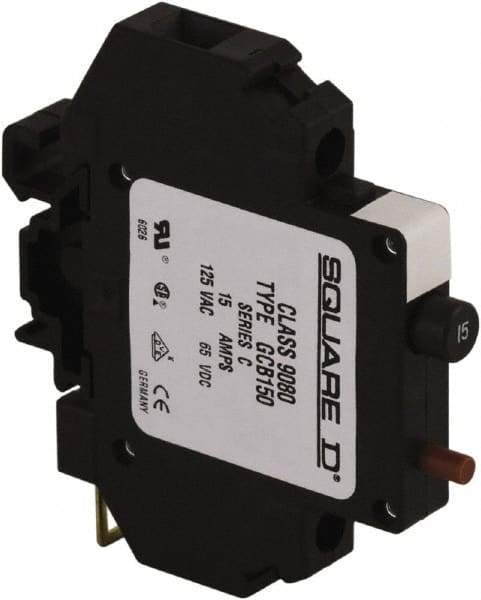 Square D - 15 Amp, 125 VAC, 65 VDC, 1 Pole, DIN Rail Mount Circuit Protector - Thermal Magnetic Trip, 16-10 AWG, 64mm Deep x 80mm High x - Industrial Tool & Supply