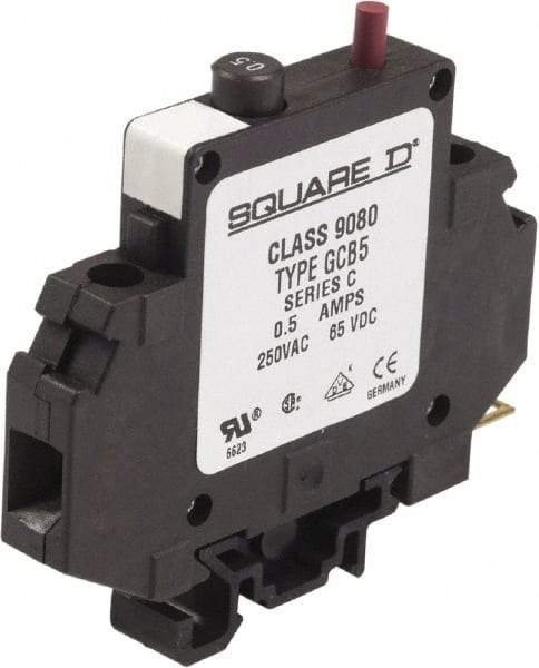 Square D - 0.50 Amp, 250 VAC, 65 VDC, 1 Pole, DIN Rail Mount Circuit Protector - Thermal Magnetic Trip, 16-10 AWG, 64mm Deep x 80mm High x - Industrial Tool & Supply