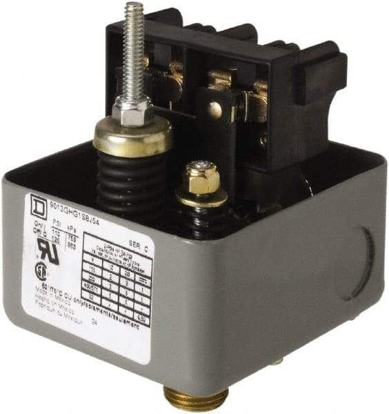 Square D - 1 NEMA Rated, DPST, 110 to 125 psig, Vacuum Switch Pressure and Level Switch - Adjustable Pressure, 575 VAC, 0.13 Inch NPSF Connector, Screw Terminal, For Use with Air Compressors, Electrically Driven Water Pumps - Industrial Tool & Supply