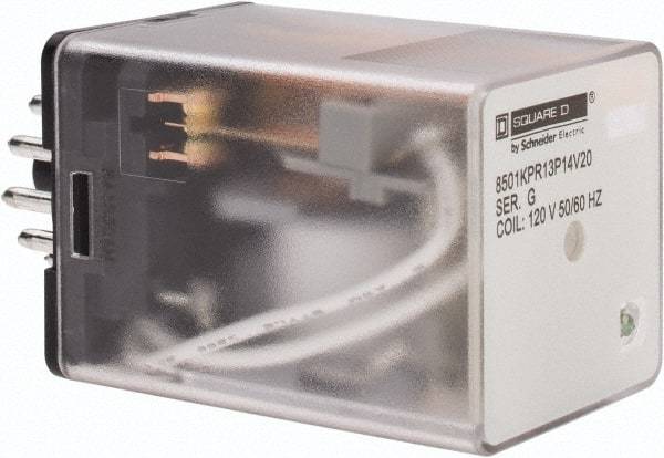 Square D - 11 Pins, 1 hp at 277 Volt & 1/3 hp at 120 Volt, 3 VA Power Rating, Octal Electromechanical Plug-in General Purpose Relay - 10 Amp at 250 VAC, 3PDT, 120 VAC at 50/60 Hz, 34.9mm Wide x 50.3mm High x 35.4mm Deep - Industrial Tool & Supply