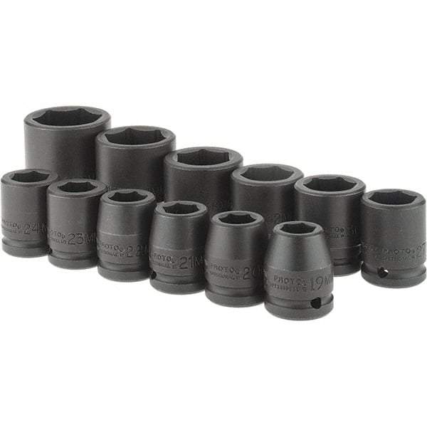 Proto - 12 Piece 3/4" Drive Black Finish Impact Socket Set - 6 Points, 19mm to 46mm Range, Metric Measurement Standard - Industrial Tool & Supply